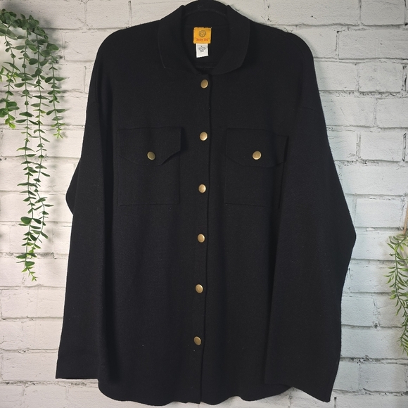 RUBY RD WOMENS BLACK KNIT SHACKET JACKET BUTTON UP POCKETS LARGE EUC - Picture 1 of 6